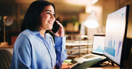 Computer, night and phone call with business woman at desk in office for online planning or...
