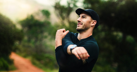 Fitness, man and stretching arms in nature for health, wellness and flexibility. Sports, training...