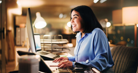 Excited, employee and woman with computer, office or happy for data increase at night, stats or web....
