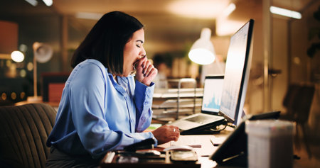 Tired, business and woman with computer in office for accounting, finance report or burnout at...