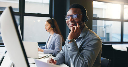 Computer, call center and business man in office smile for online advice, help and customer support....