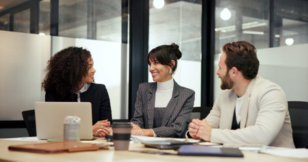 Meeting, business and people smile in office for intern training, collaboration and feedback. Staff,...