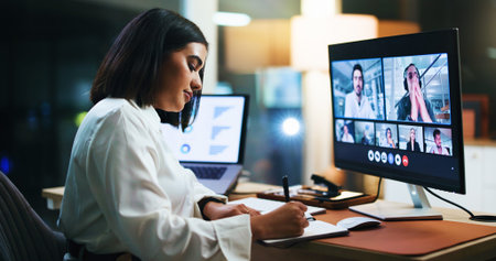 Video call, computer screen and notebook with business woman in office for night, webinar agenda and...