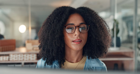 Computer, reading and business woman with glasses for content writing, article or planning at night....