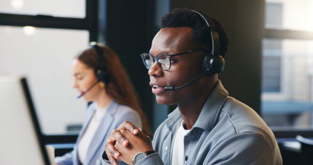 Talking, call center and businessman in office on computer for online advice, help and customer...