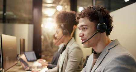 Happy, man and team with headset in call center, working late and communication for lead generation....