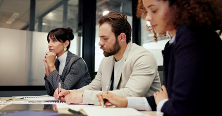 Meeting, business and people writing in office for intern training, speech and speaker feedback....