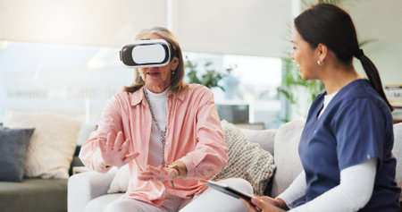 Doctor, senior woman or virtual reality in nursing home for cognitive simulation or healthcare....