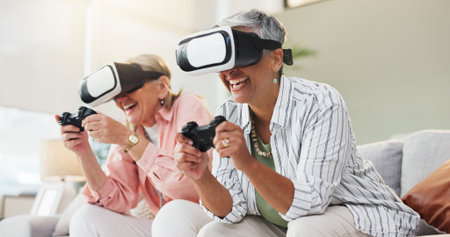 VR, video game and senior women on sofa with 3d technology, controller and fun in living room....