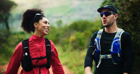 Fitness, friends and runners in nature for workout, exercise conversation and smile for health....