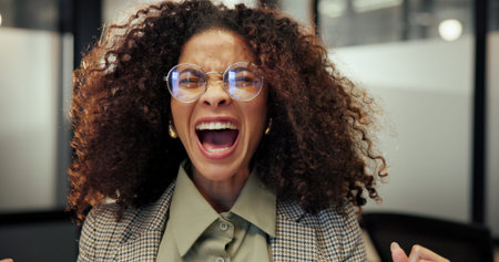 Face, frustration and shouting with business woman in office for crisis, fail or mistake. Anger,...