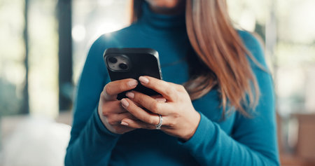 Phone, hands and woman in home with networking, communication or chatting on mobile app. Technology,...