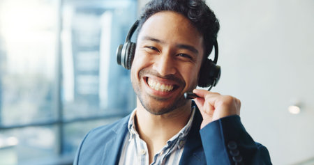 Business, man and smile in portrait with headset for virtual assistant, communication or help at...