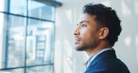 Thinking, employee and man with vision, office or bookkeeper with ideas for business growth or plan....