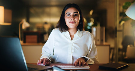 Business, woman or portrait with laptop at night for finance news, monitor global market or search....