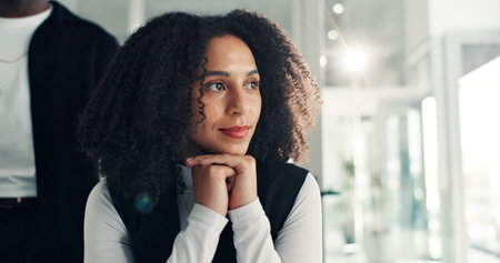 Thinking, black woman and reflecting in office with flare, peace or professional in workplace....