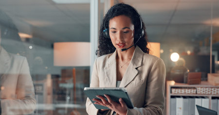 Business woman, agent and tablet with headset for online sale or telemarketing in office. Female...