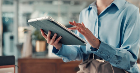 Typing, online and hands with tablet, office and digital marketing on website, employee and project....