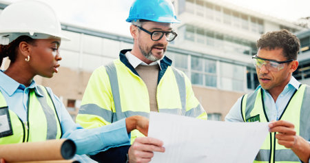 Team, blueprint and discussion for urban development or architecture, maintenance or renovation....