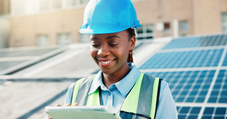 Roof, solar energy and tablet with black woman in city for installation of panels. App, building and...