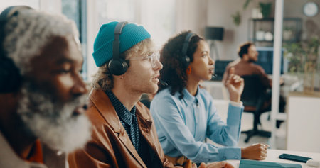 Man, call center and talk with headset, team or customer support job with voip tech at office....