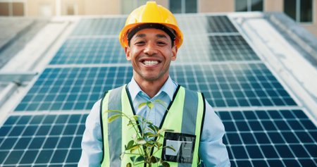 Solar panel, happy man and portrait of engineer with plant on roof in city for clean energy....