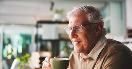 Businessman, thinking or reading with drink in office with ideas, planning or corporate review with...