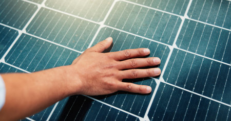 Solar panel, sustainability and hand for inspection or installation, renewable resource or eco...