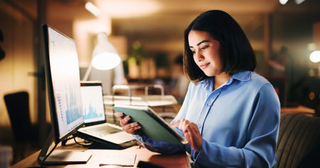 Tablet, graphs or woman with stock market trends, research or scrolling in office for progress...