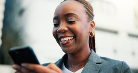 Business, smartphone and black woman in city, smile and message to contact, trading and internet....