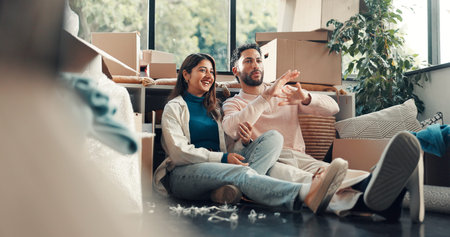 Conversation, ideas and planning with couple in new home for property or real estate investment....