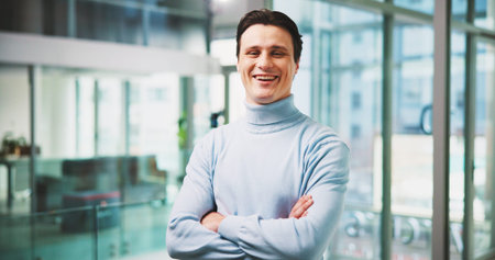 Smile, arms crossed and portrait of business man in office as creative director, pride and museum...