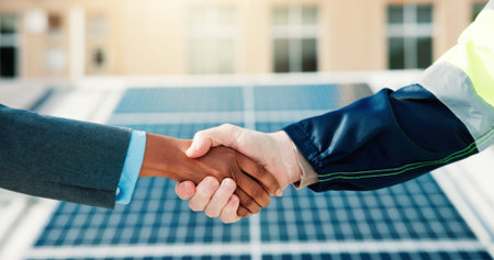 Solar panel, sustainability and handshake for clean energy partnership, renewable resource or eco...