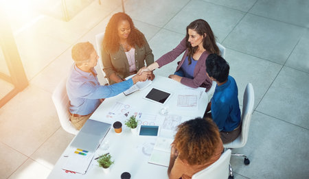 Profit, sales and people in office with handshake, business deal and partnership in company...