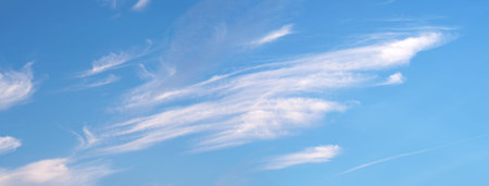 Nature, background and blue sky with clouds for pattern, climate and natural texture in air. Scenic...