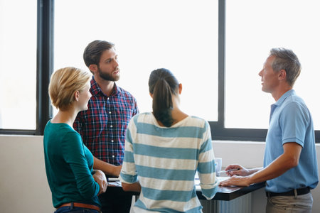 Collaboration, conversation and project management with business people in office for planning....