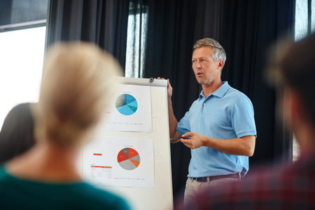 Discussion, whiteboard and business people in office with statistics, charts or graphs for finance. Meeting, presentation and financial advisors with manager for investment proposal in workplace.の写真素材