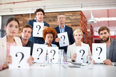 Question mark, business or people in meeting with paper, input or feedback for market research....