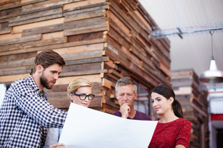 Architecture, collaboration and paper with business people in workshop for creative design....