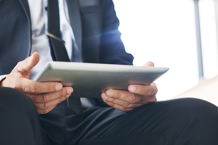 Corporate, businessman and hands in office with tablet for online research, report and planning....