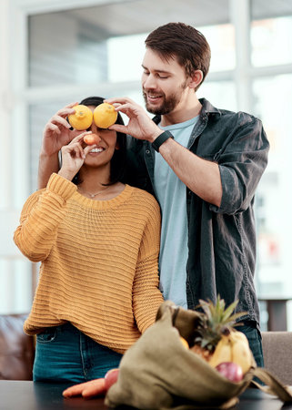 .Grocery, vegetables and funny with couple in house for goofy, shopping list and supermarket....