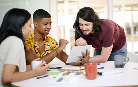 Group, reading and tablet for research, collaboration and celebration for web design, smile and...