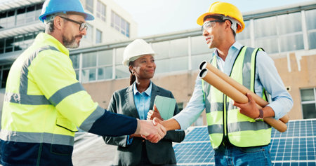 Solar panel, technician or handshake with blueprint outdoor for PV installation, project deal or...