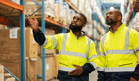 Teamwork, distribution and people in warehouse for inspection, storage facility and check stock. Collaboration, discussion and black man with manager for logistics, manufacturing and supply chainの写真素材