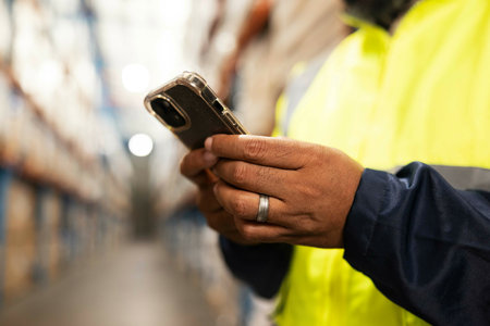 Man, hands and typing with phone in warehouse for communication, networking or social media. Closeup of male person or employee on mobile smartphone in logistics or supply chain for online chattingの写真素材
