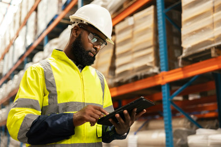 Tablet, logistics and man with stock in warehouse reading email for ecommerce delivery information. Shipping, research and African male industry worker on digital technology for package in factory.の写真素材