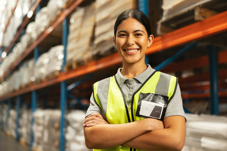 Happy woman, portrait and logistics with confidence in warehouse for supply chain or delivery storage. Young female person or employee with smile and arms crossed in shipping industry at depotの写真素材