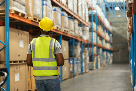 Warehouse, factory and back view of employee with stock, inventory and cargo for logistics management company. Industrial, worker and man in supply chain for shipping, freight and e commerceの写真素材