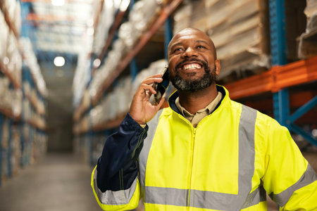 Manager, warehouse and phone call, import and export business with smile for good stock and customs. African male person, happy and tech in factory, CEO and room for product at work in companyの写真素材