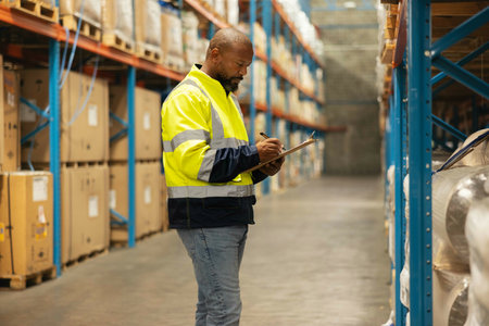 Warehouse, black man and clipboard for inventory, writing and inspection with info and checklist. African person, employee or worker with documents or quality assurance with shipping, stock or importの写真素材